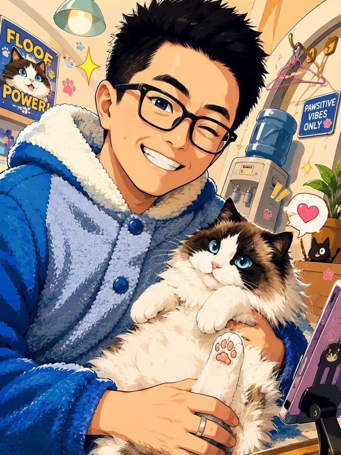 Kaka Wang with a cat